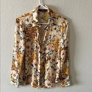 Zara Multicolor Tan, Orange & Yellow Floral Blouse Medium